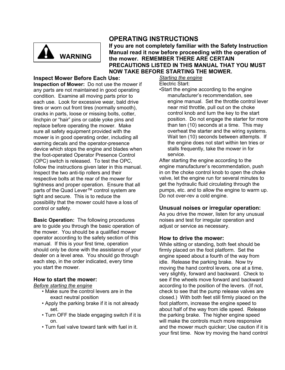 Operating instructions, Warning | Wright Manufacturing Sentar Commercial Mower User Manual | Page 11 / 17