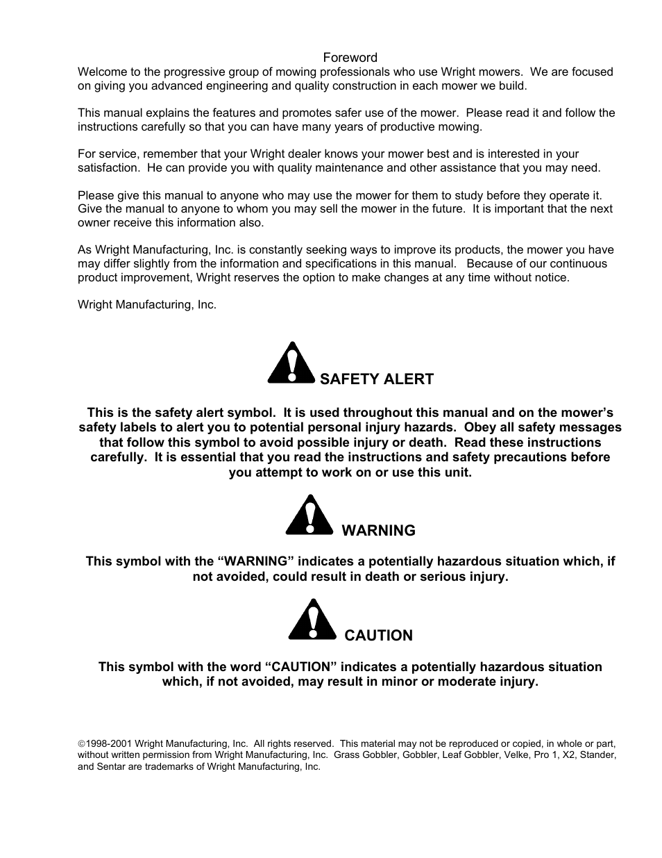 Safety alert, Warning, Caution | Wright Manufacturing Sentar Commercial Mower User Manual | Page 2 / 17