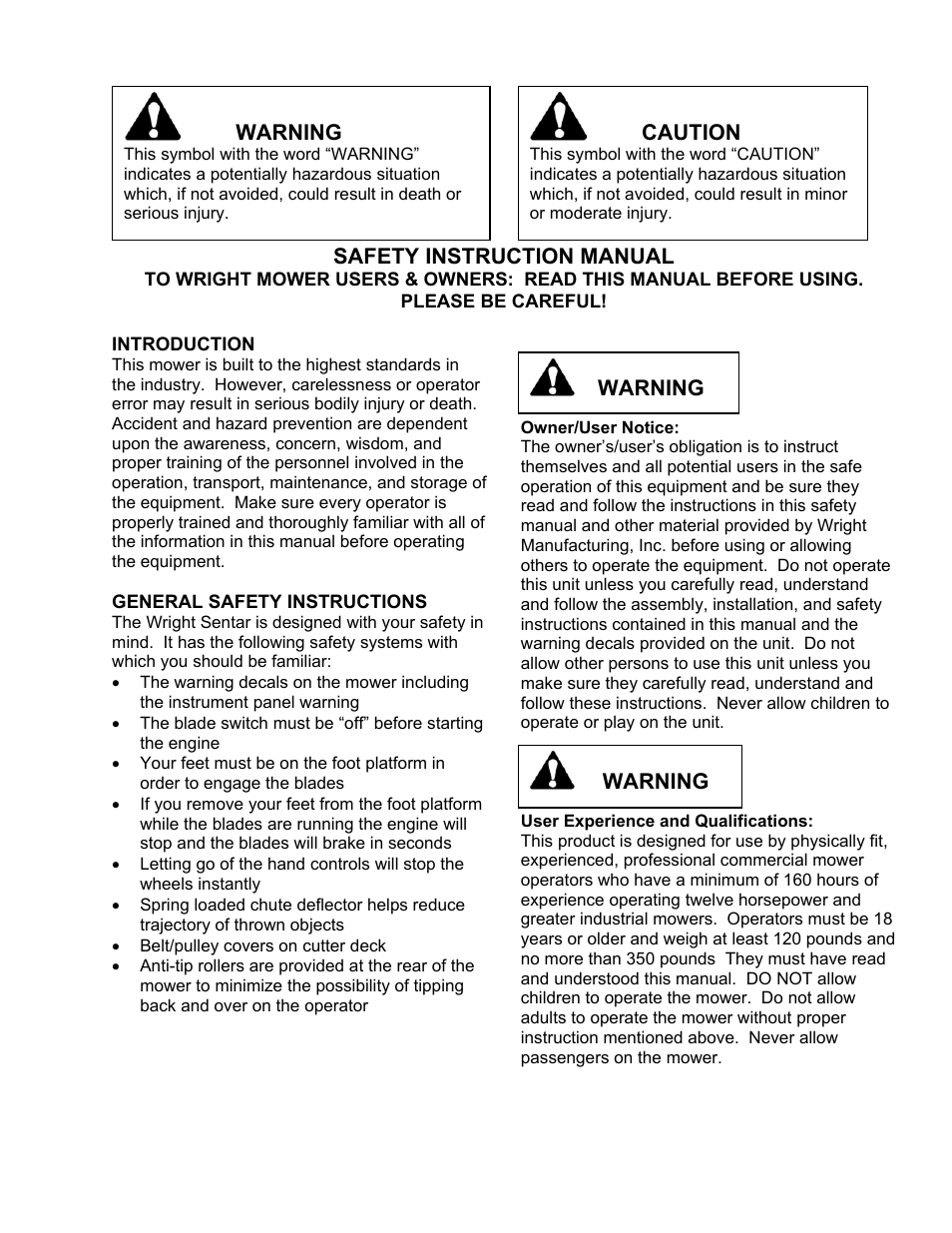 Safety instruction manual, Introduction, General safety instructions | Wright Manufacturing Sentar Commercial Mower User Manual | Page 4 / 17