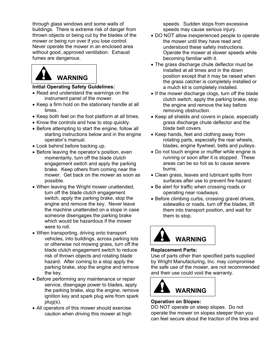 Warning | Wright Manufacturing Sentar Commercial Mower User Manual | Page 6 / 17