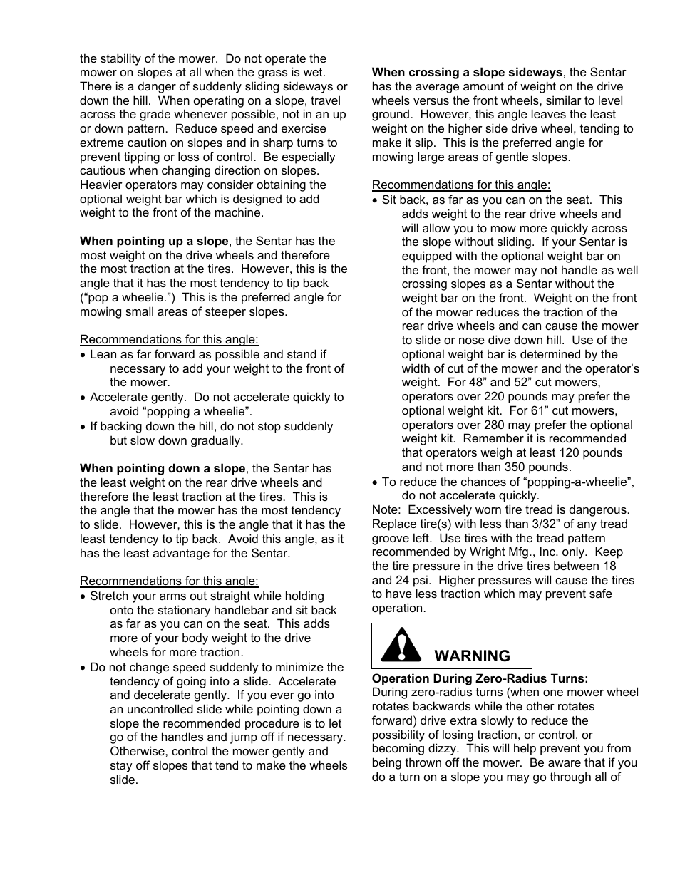 Warning | Wright Manufacturing Sentar Commercial Mower User Manual | Page 7 / 17