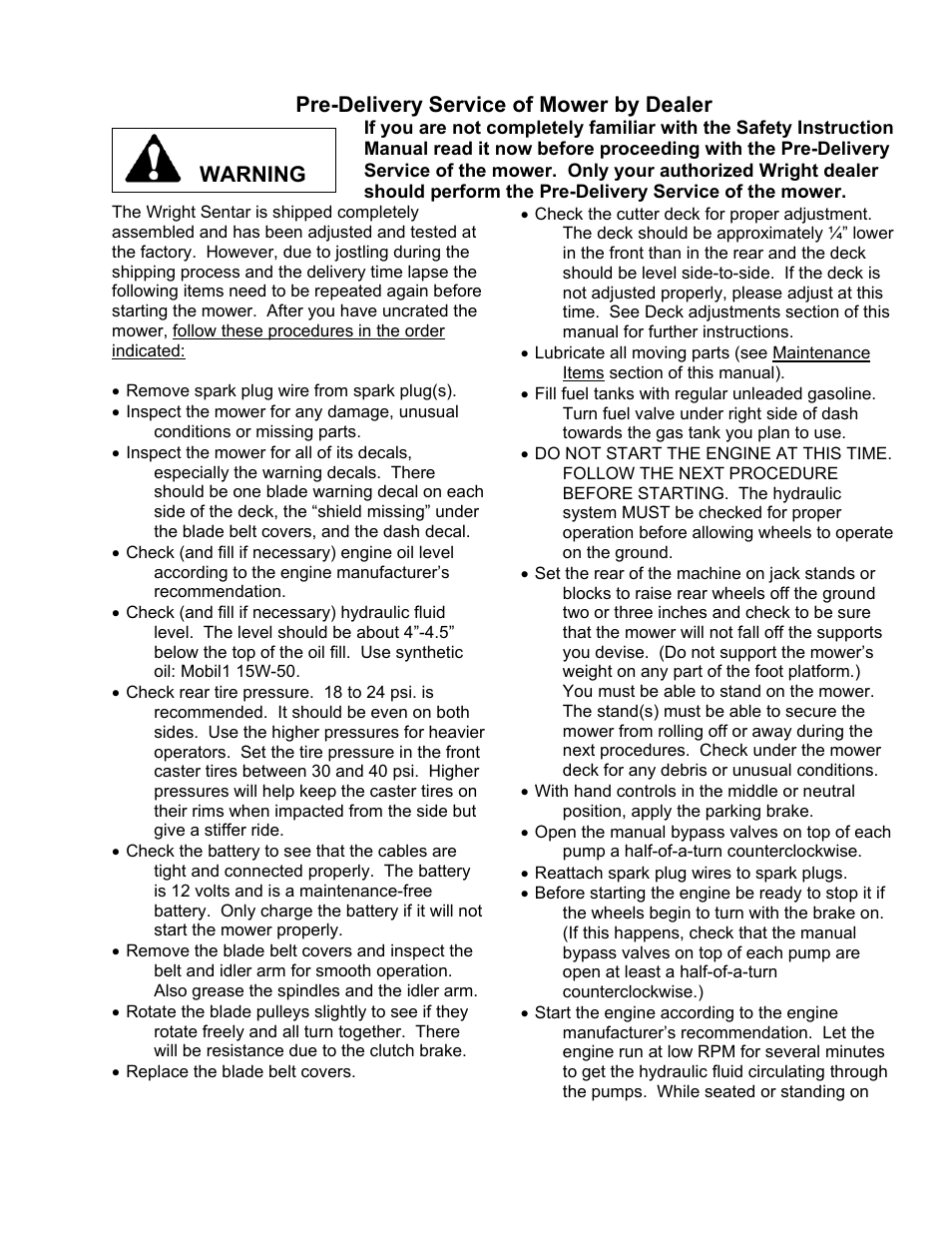 Pre-delivery service of mower by dealer, Warning | Wright Manufacturing Sentar Commercial Mower User Manual | Page 9 / 17