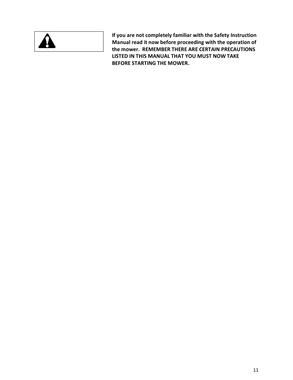 Operating instructions, Inspect mower before each use, Warning | Wright Manufacturing Stander ZK 43181 User Manual | Page 11 / 21