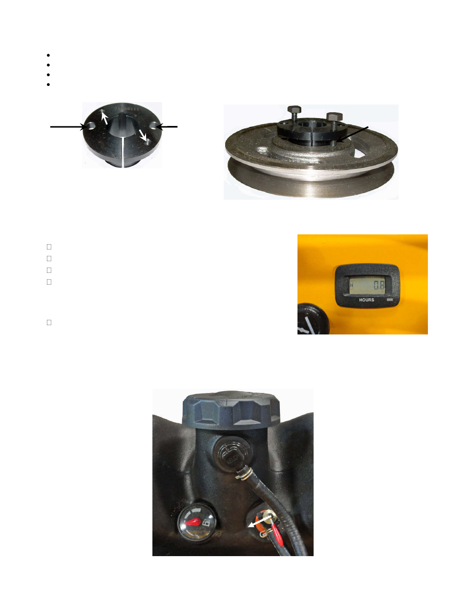 Spindle and drive pulley split hub r&r, Digital hour meter, Fuel system / shut-off valve | Wright Manufacturing 52083 User Manual | Page 17 / 24