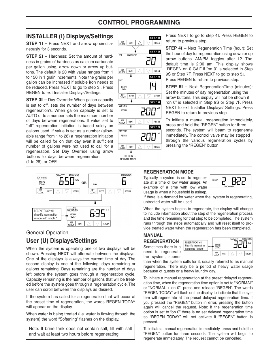 User (u) displays/settings | Watts WATER CONDITIONER with WM100SM valve User Manual | Page 11 / 28