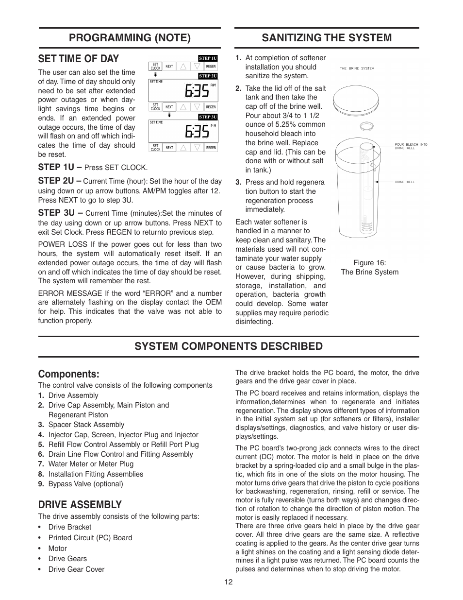 Set time of day, Components, Drive assembly | System components described | Watts WATER CONDITIONER with WM100SM valve User Manual | Page 12 / 28