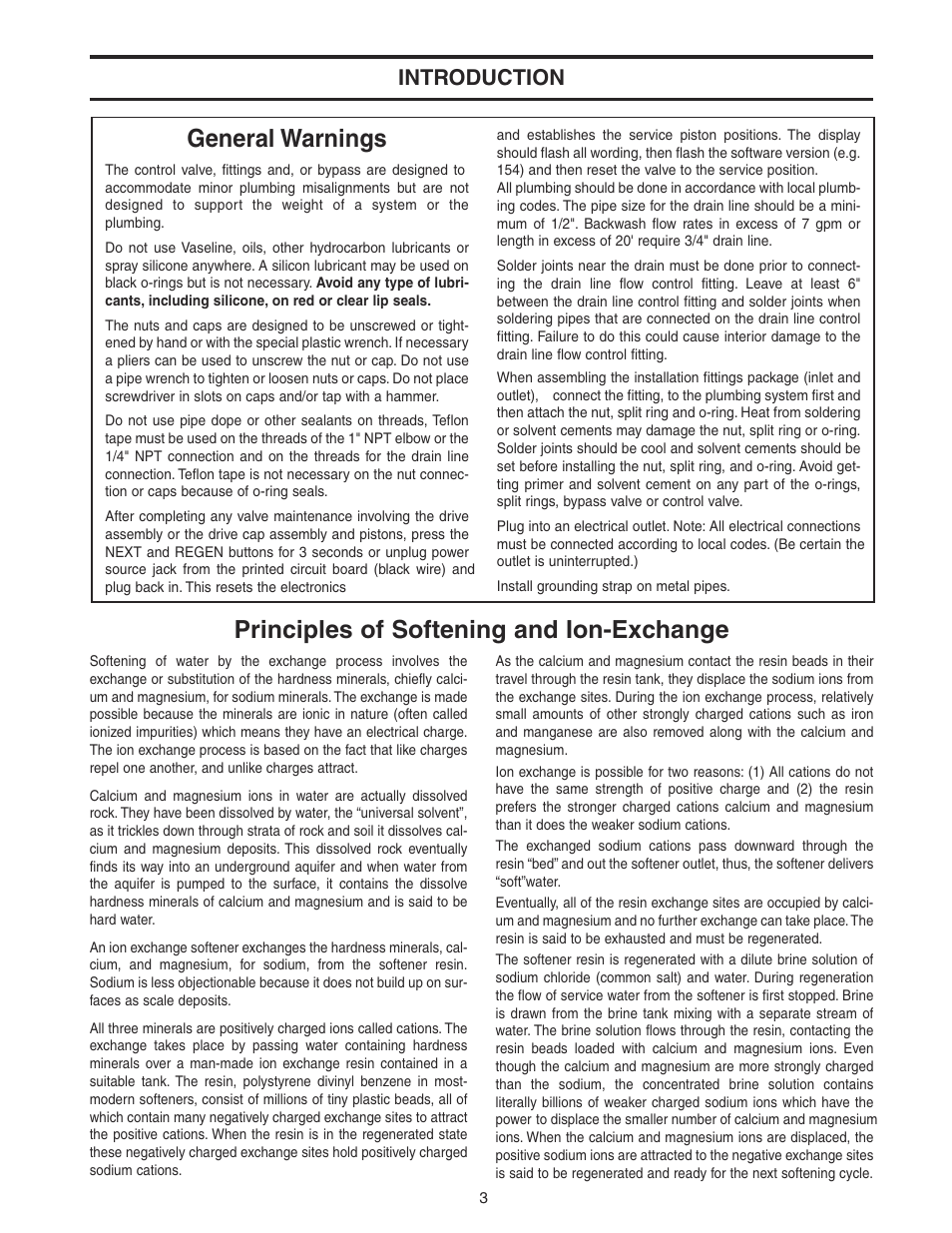 General warnings, Principles of softening and ion-exchange, Introduction | Watts WATER CONDITIONER with WM100SM valve User Manual | Page 3 / 28