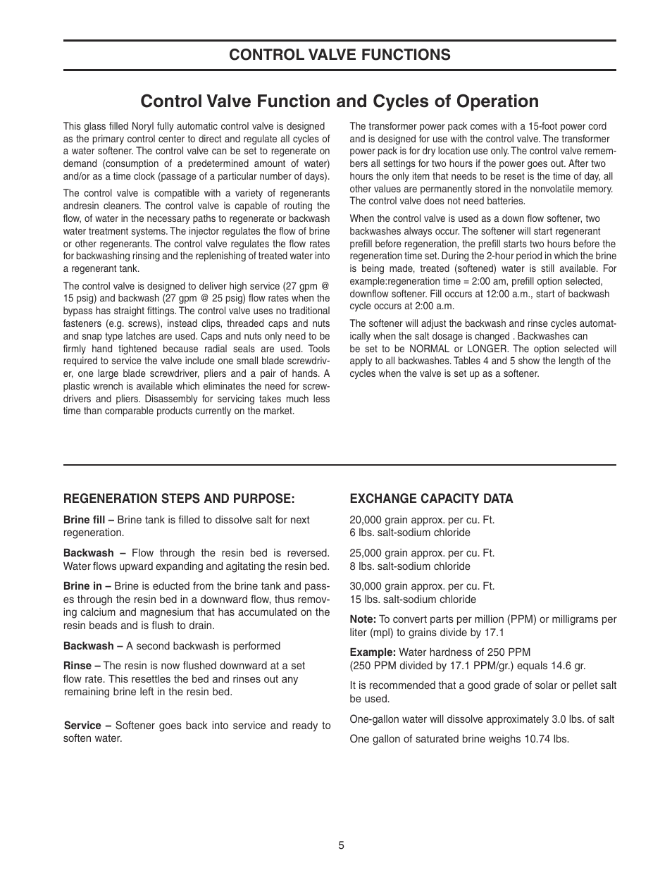 Control valve function and cycles of operation, Control valve functions | Watts WATER CONDITIONER with WM100SM valve User Manual | Page 5 / 28