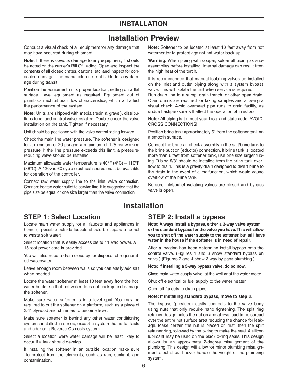 Installation preview, Installation, Step 1: select location | Step 2: install a bypass | Watts WATER CONDITIONER with WM100SM valve User Manual | Page 6 / 28