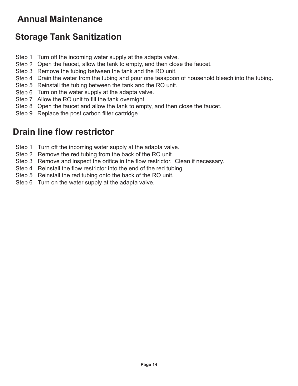 Annual maintenance storage tank sanitization, Drain line fl ow restrictor | Watts Radiant WQC4 RO User Manual | Page 14 / 20