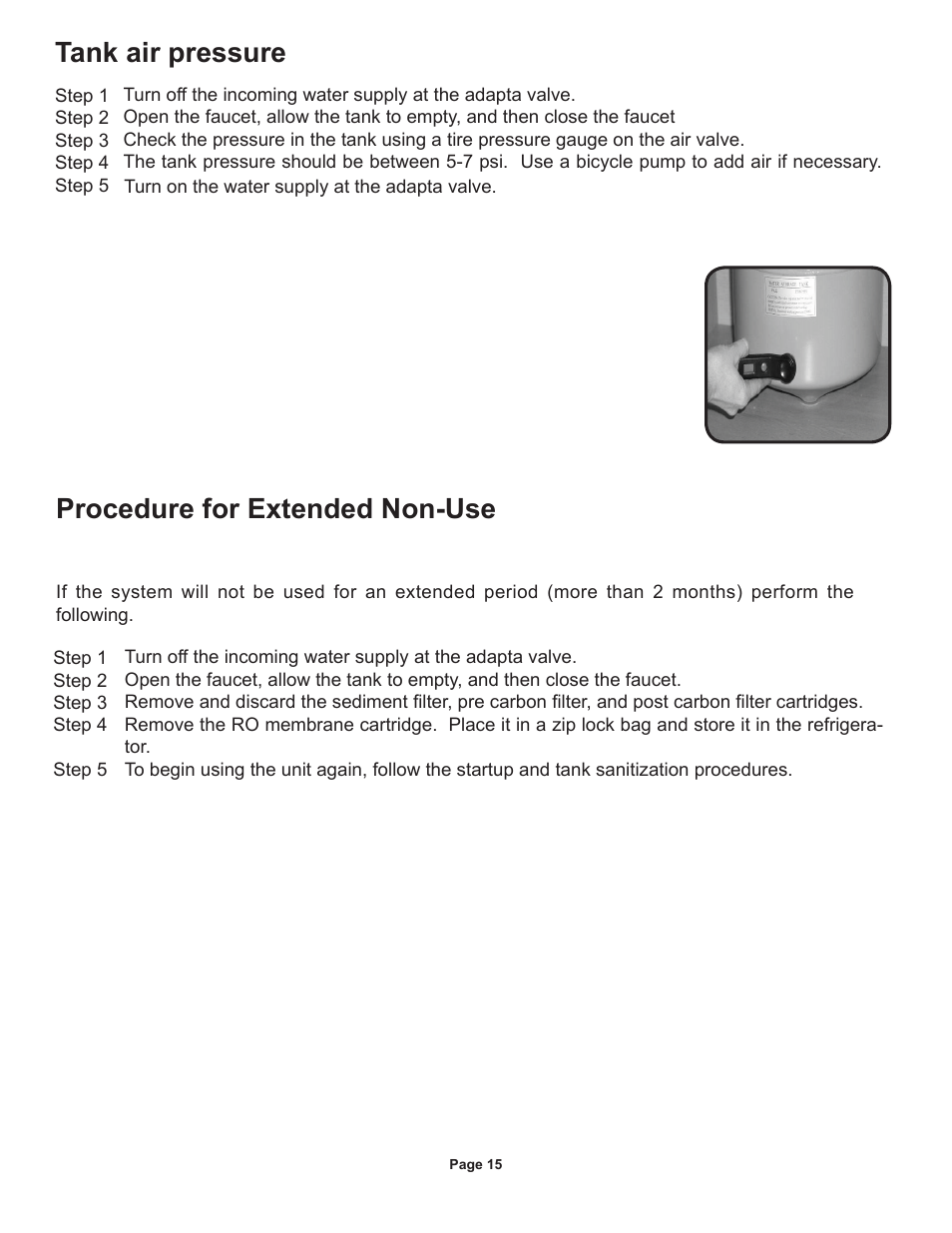 Tank air pressure, Procedure for extended non-use | Watts Radiant WQC4 RO User Manual | Page 15 / 20