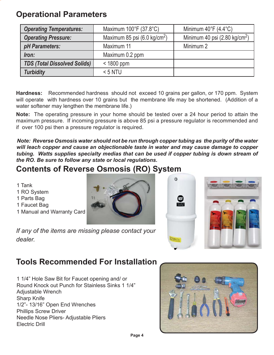 Operational parameters | Watts Radiant WQC4 RO User Manual | Page 4 / 20