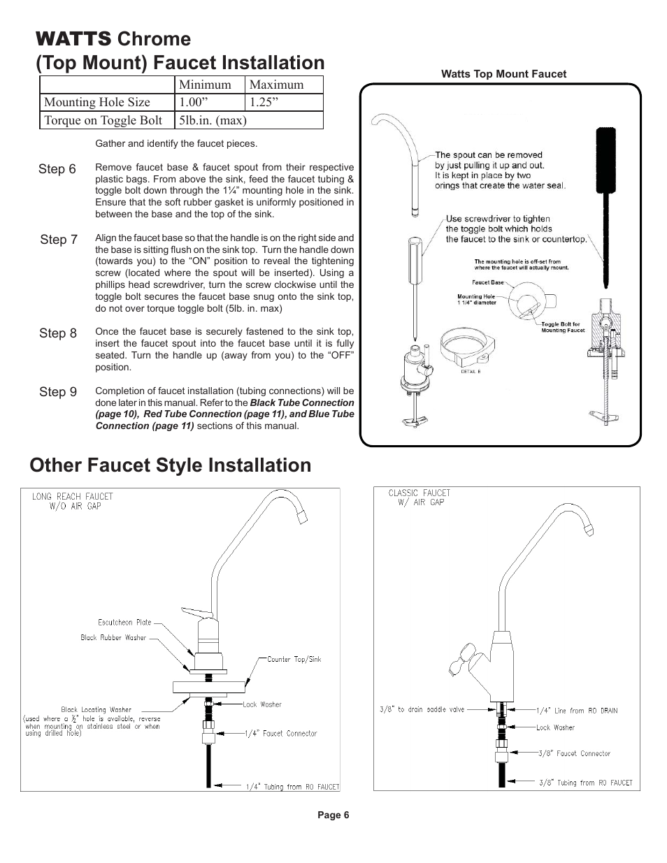 Watts chrome (top mount) faucet installation, Other faucet style installation | Watts Radiant WQC4 RO User Manual | Page 6 / 20