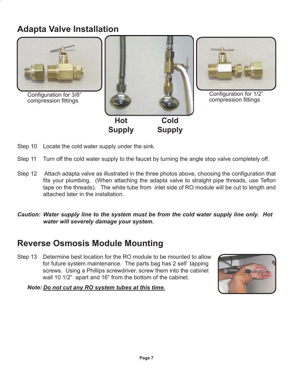 Adapta valve installation, Reverse osmosis module mounting, Hot supply cold supply | Watts Radiant WQC4 RO User Manual | Page 7 / 20