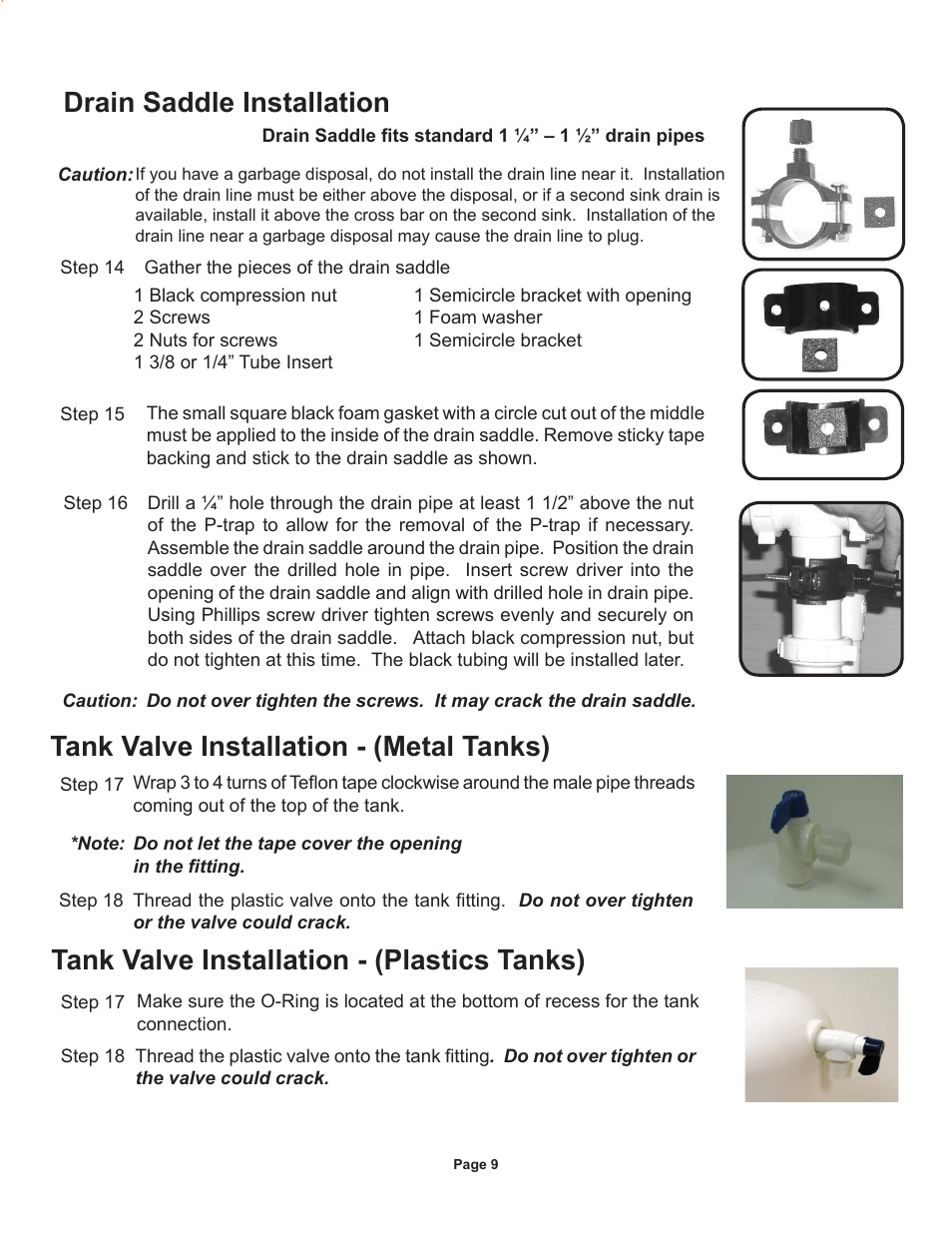 Tank valve installation - (metal tanks), Drain saddle installation, Tank valve installation - (plastics tanks) | Watts Radiant WQC4 RO User Manual | Page 9 / 20
