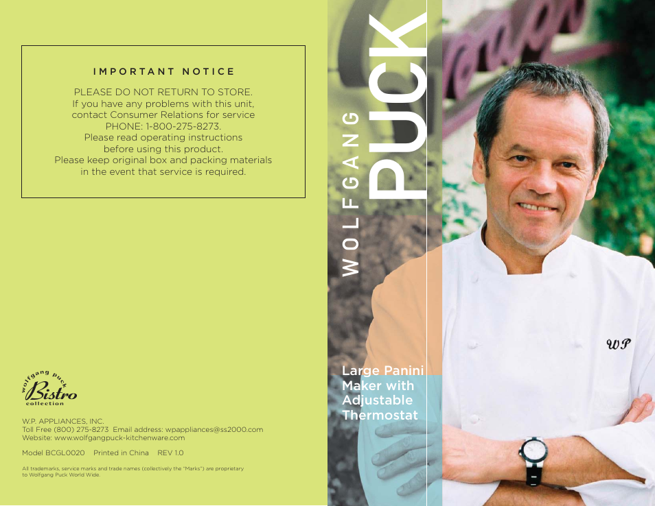 Wolfgang Puck BISTRO BCGL0020 User Manual | 22 pages