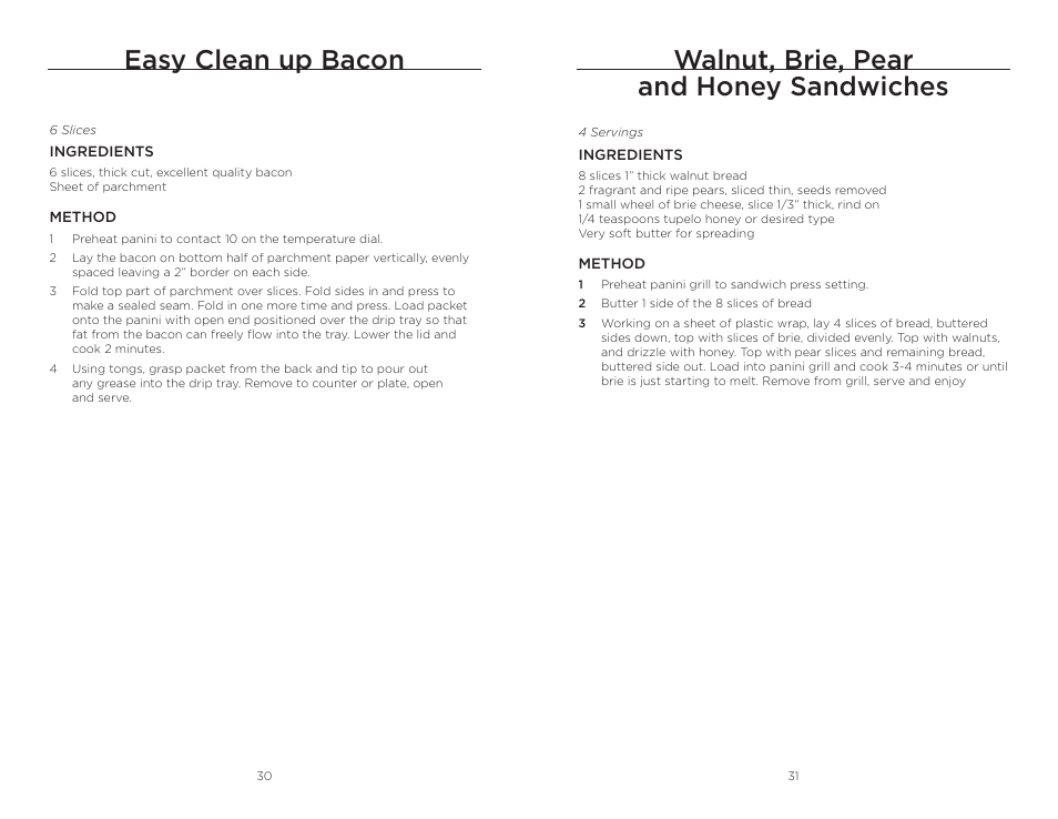 Walnut, brie, pear and honey sandwiches, Easy clean up bacon | Wolfgang Puck BISTRO BCGL0020 User Manual | Page 16 / 22