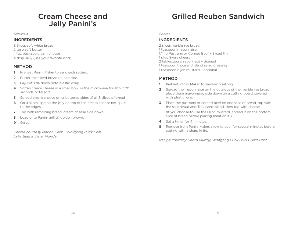 Cream cheese and jelly panini’s, Grilled reuben sandwich | Wolfgang Puck BISTRO BCGL0020 User Manual | Page 18 / 22