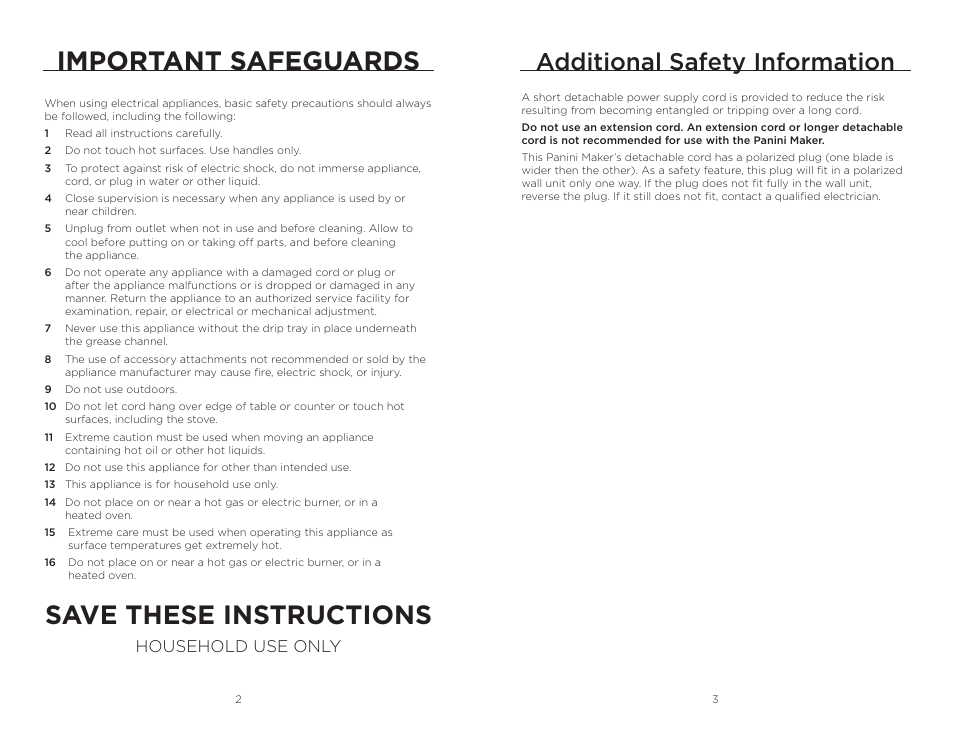 Important safeguards, Save these instructions, Additional safety information | Household use only | Wolfgang Puck BISTRO BCGL0020 User Manual | Page 2 / 22