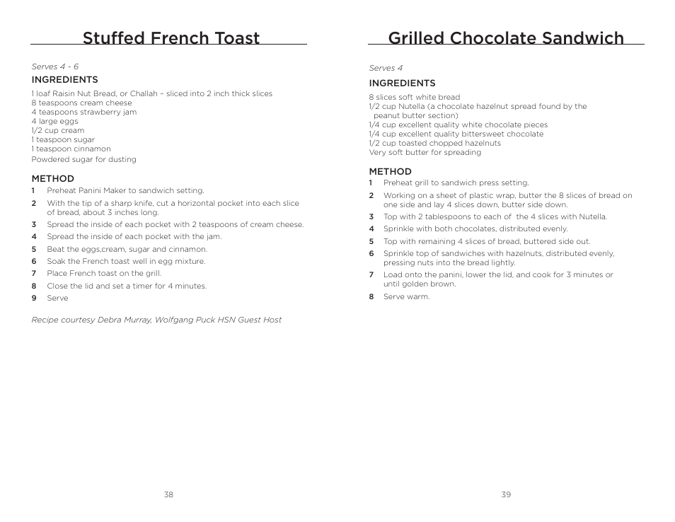 Grilled chocolate sandwich, Stuffed french toast | Wolfgang Puck BISTRO BCGL0020 User Manual | Page 20 / 22