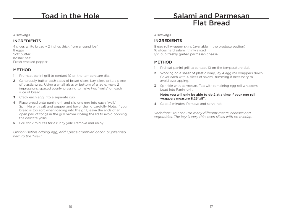 Toad in the hole, Salami and parmesan flat bread | Wolfgang Puck BISTRO BCGL0020 User Manual | Page 9 / 22
