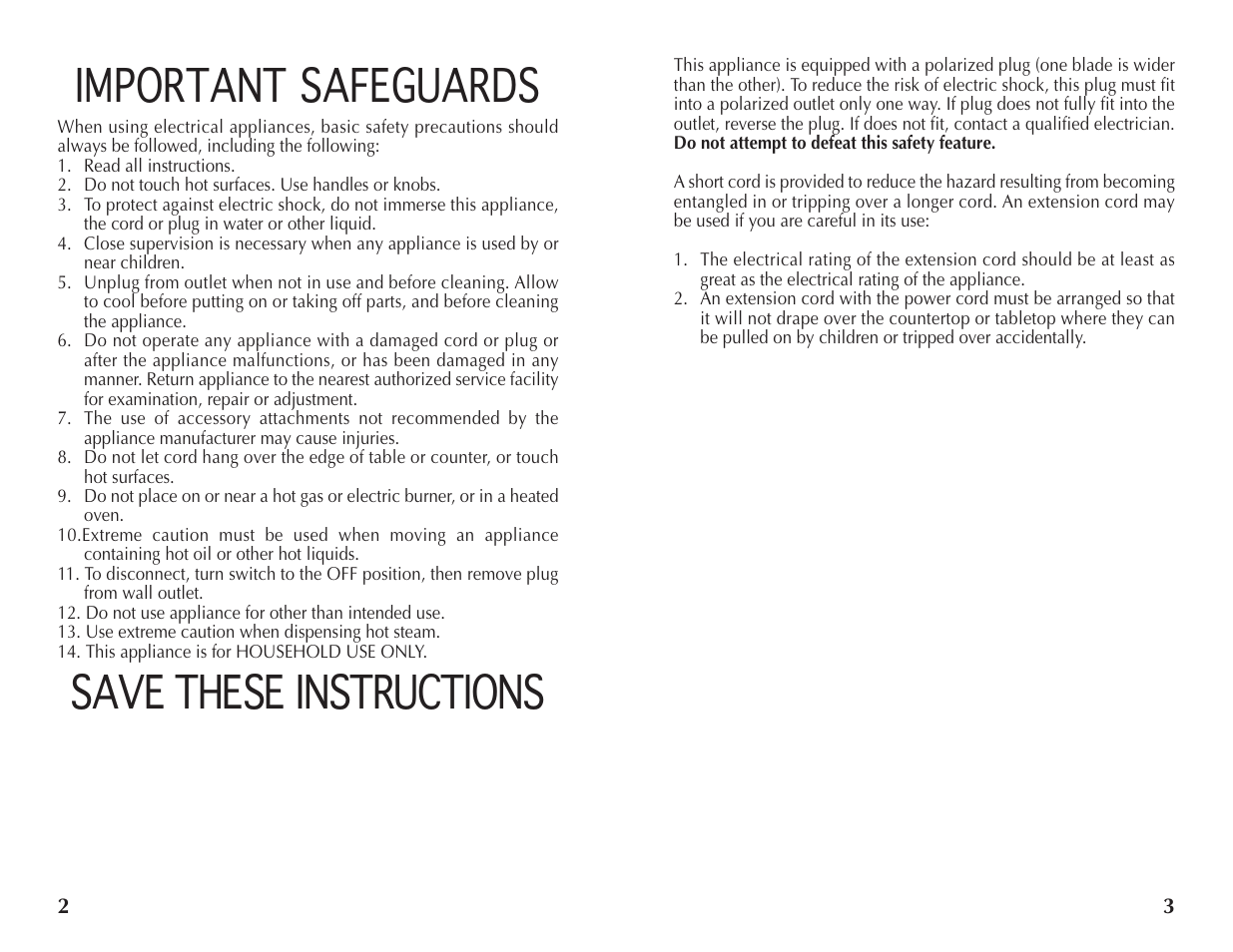 Important safeguards, Save these instructions | Wolfgang Puck BECR0010 User Manual | Page 2 / 8