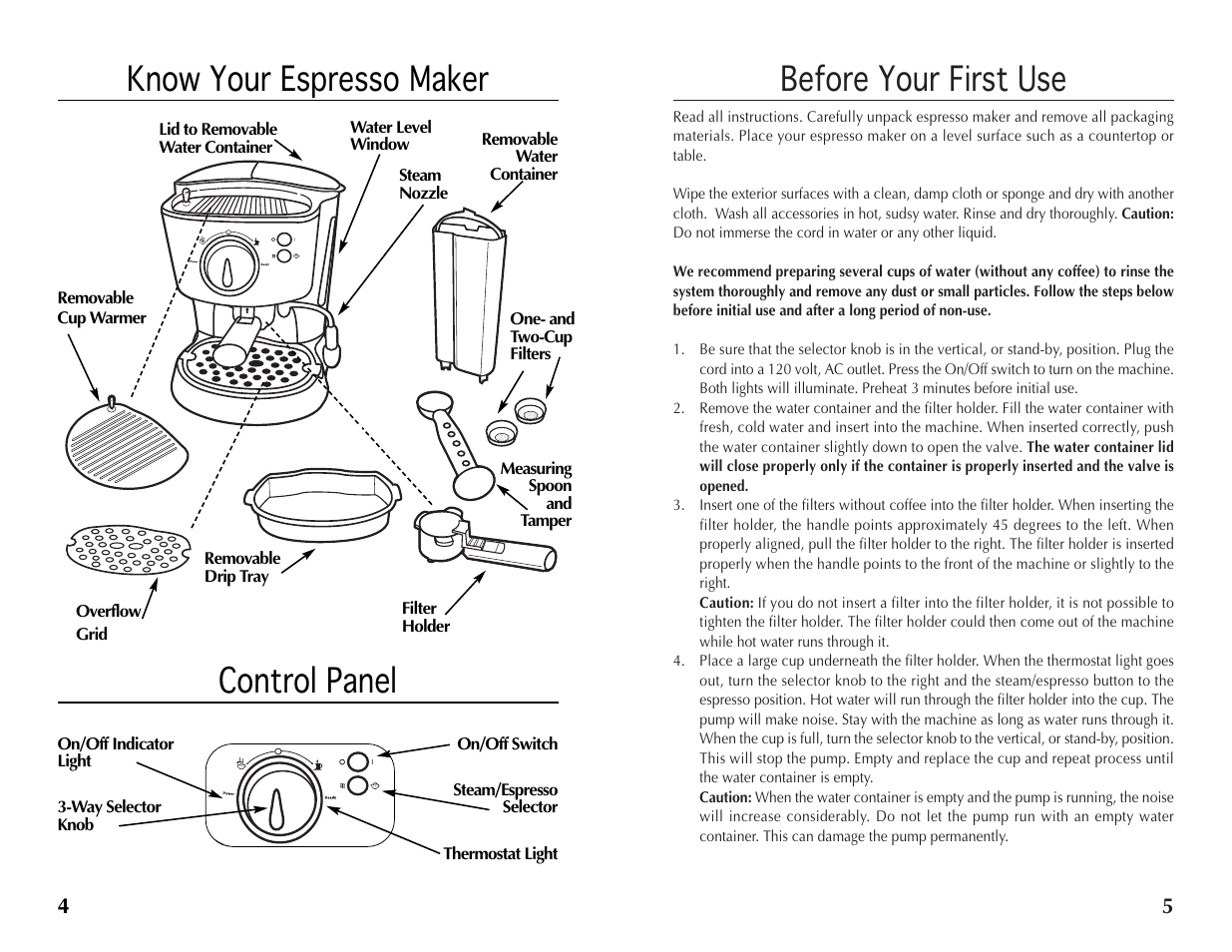 Before your first use, Know your espresso maker control panel | Wolfgang Puck BECR0010 User Manual | Page 3 / 8