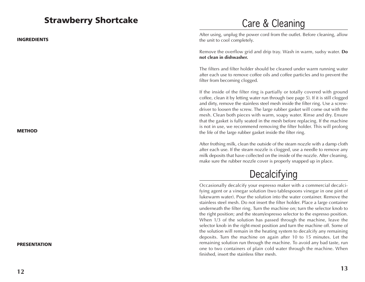 Care & cleaning, Decalcifying, Strawberry shortcake | Wolfgang Puck BECR0010 User Manual | Page 7 / 8
