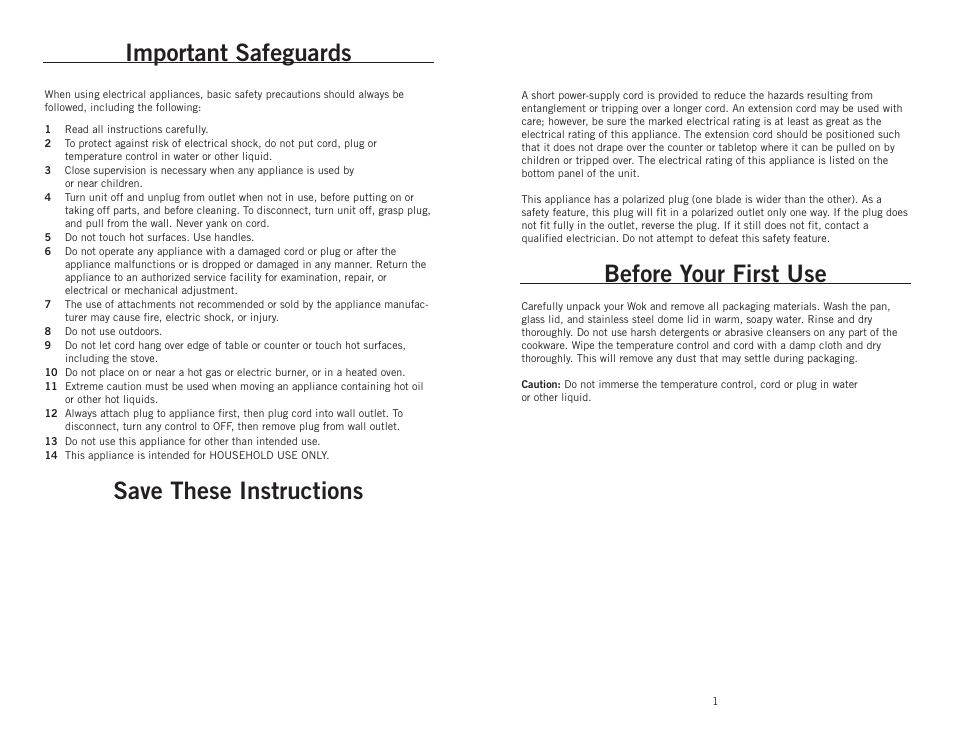 Important safeguards, Save these instructions, Before your first use | Wolfgang Puck BEWK0014 User Manual | Page 2 / 6