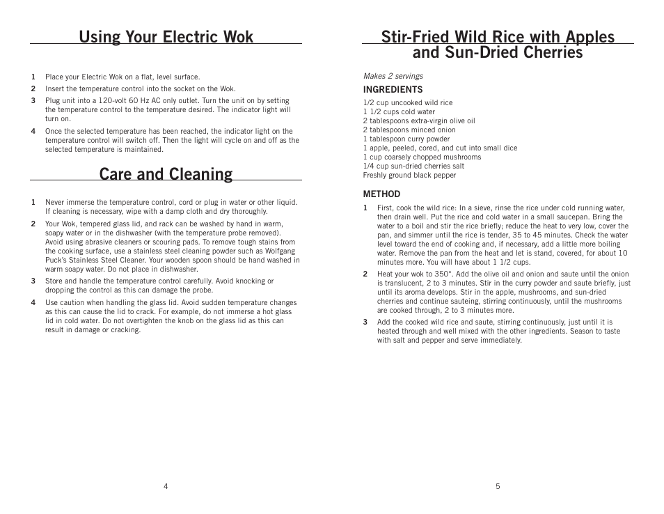 Using your electric wok, Care and cleaning | Wolfgang Puck BEWK0014 User Manual | Page 4 / 6