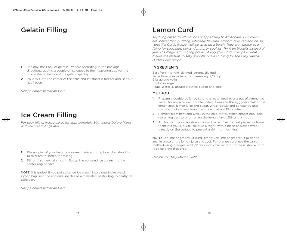 Lemon curd, Ice cream filling, Gelatin filling | Wolfgang Puck Center Fill Bakeware Set User Manual | Page 10 / 16