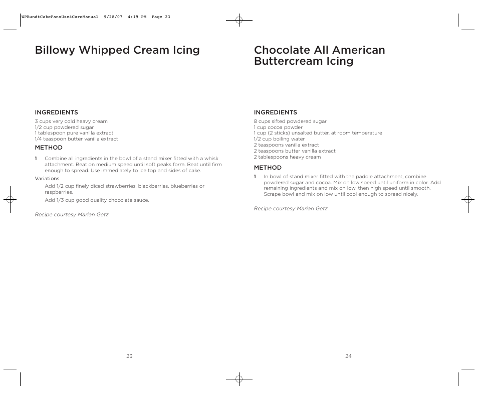 Chocolate all american buttercream icing, Billowy whipped cream icing | Wolfgang Puck Center Fill Bakeware Set User Manual | Page 13 / 16