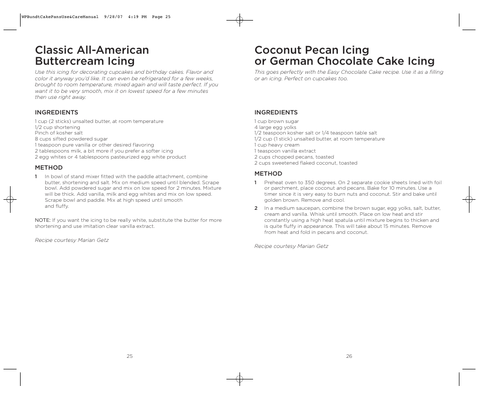 Coconut pecan icing or german chocolate cake icing, Classic all-american buttercream icing | Wolfgang Puck Center Fill Bakeware Set User Manual | Page 14 / 16