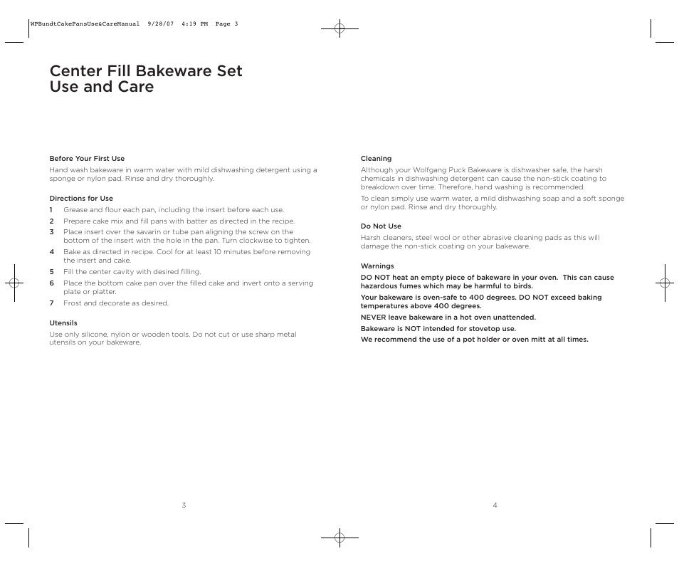 Center fill bakeware set use and care | Wolfgang Puck Center Fill Bakeware Set User Manual | Page 3 / 16