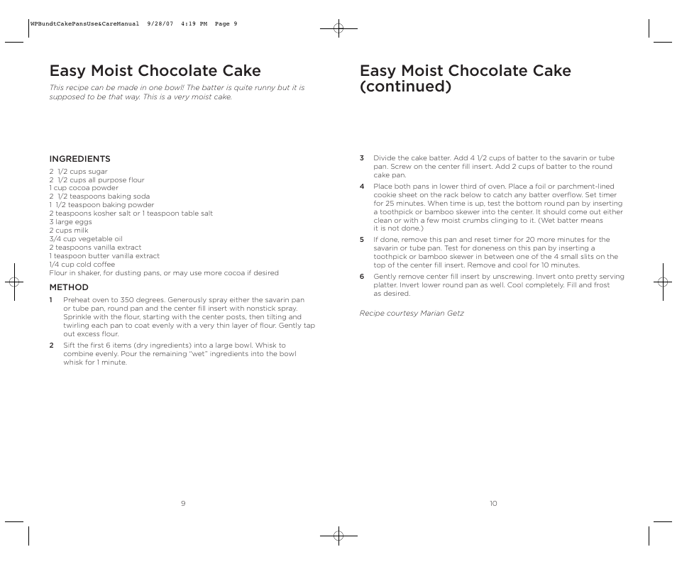 Easy moist chocolate cake (continued), Easy moist chocolate cake | Wolfgang Puck Center Fill Bakeware Set User Manual | Page 6 / 16