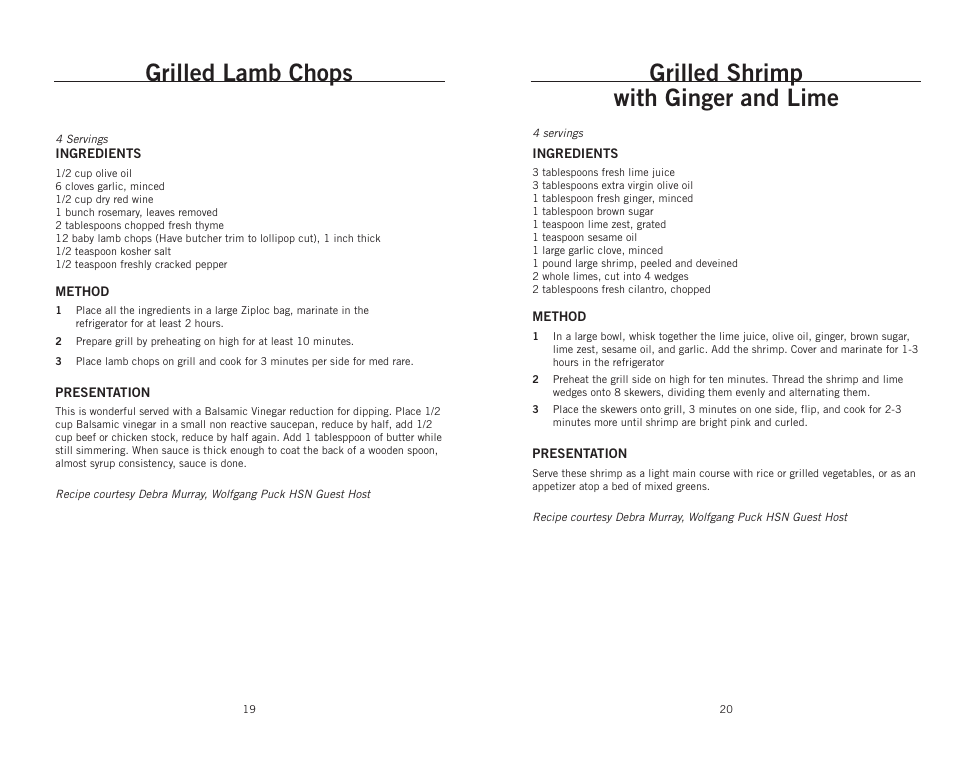 Grilled lamb chops, Grilled shrimp with ginger and lime | Wolfgang Puck CRGG0030 User Manual | Page 11 / 14