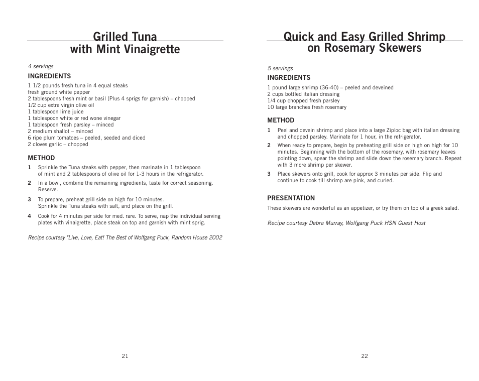 Quick and easy grilled shrimp on rosemary skewers, Grilled tuna with mint vinaigrette | Wolfgang Puck CRGG0030 User Manual | Page 12 / 14
