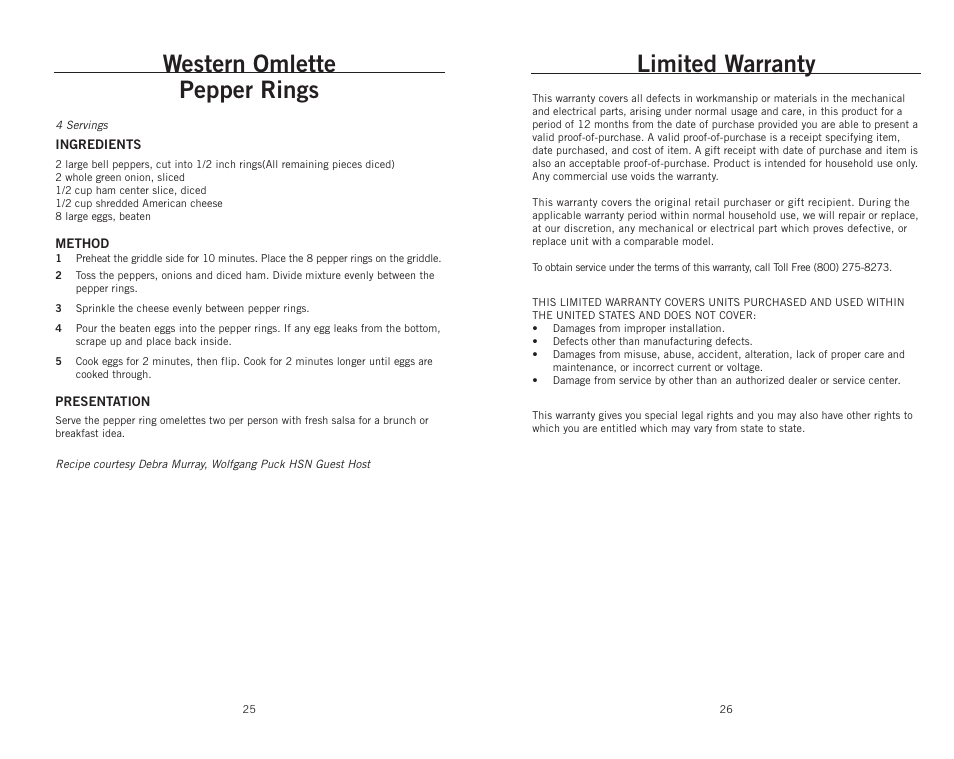 Western omlette pepper rings, Limited warranty | Wolfgang Puck CRGG0030 User Manual | Page 14 / 14