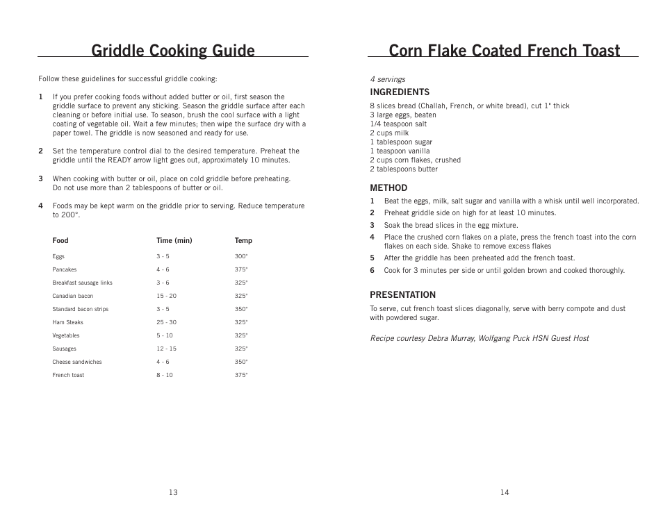 Griddle cooking guide, Corn flake coated french toast | Wolfgang Puck CRGG0030 User Manual | Page 8 / 14