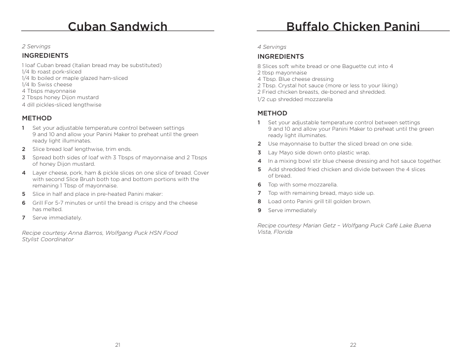Cuban sandwich, Buffalo chicken panini | Wolfgang Puck BCGL0030 User Manual | Page 12 / 16