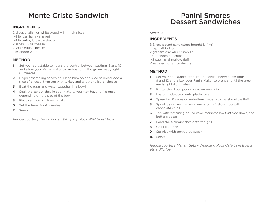 Monte cristo sandwich, Panini smores dessert sandwiches | Wolfgang Puck BCGL0030 User Manual | Page 14 / 16