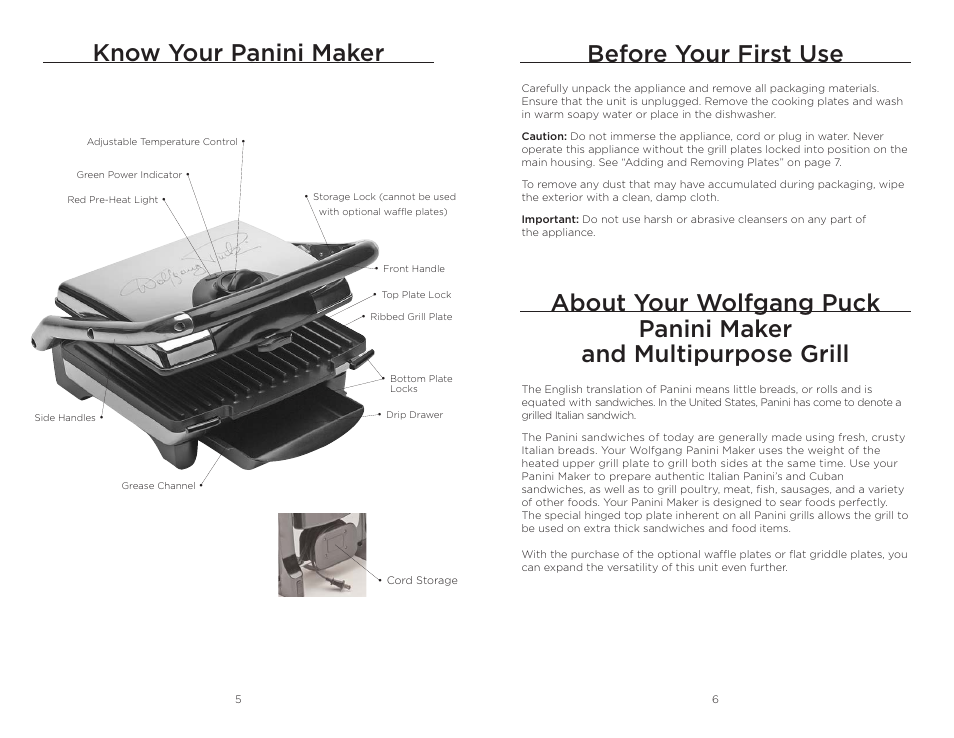 Know your panini maker, Before your first use | Wolfgang Puck BCGL0030 User Manual | Page 4 / 16