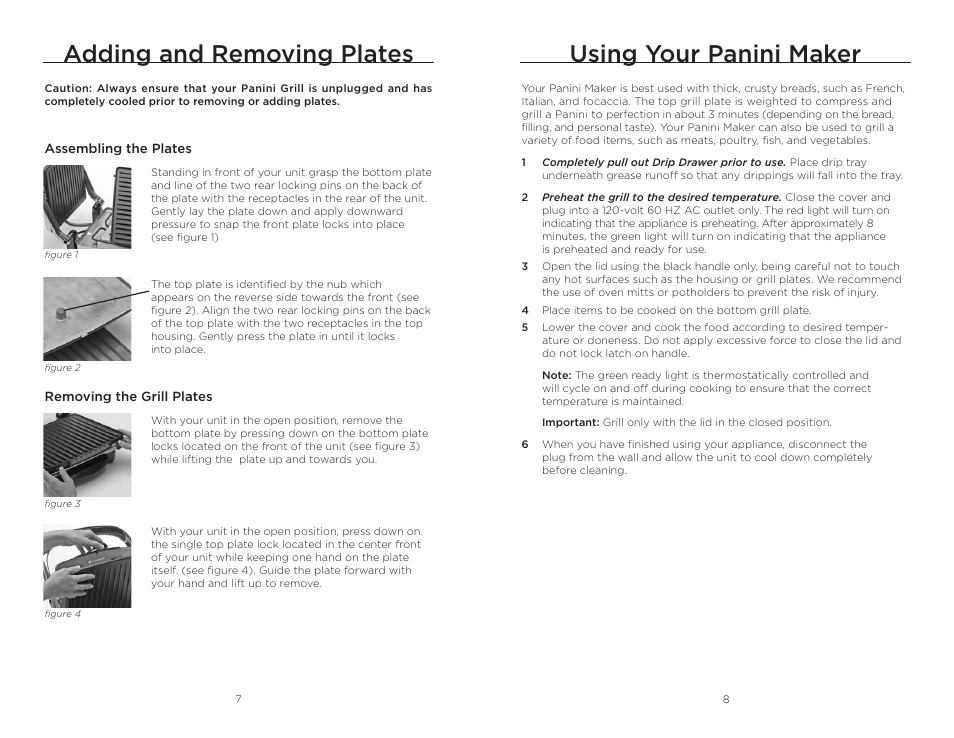 Adding and removing plates, Using your panini maker | Wolfgang Puck BCGL0030 User Manual | Page 5 / 16