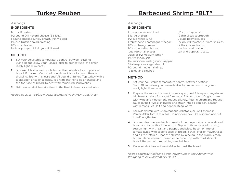 Barbecued shrimp “blt, Turkey reuben | Wolfgang Puck BCGL0030 User Manual | Page 8 / 16