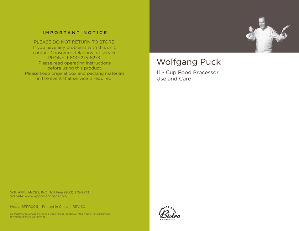 Wolfgang Puck BFPR0011 User Manual | 10 pages