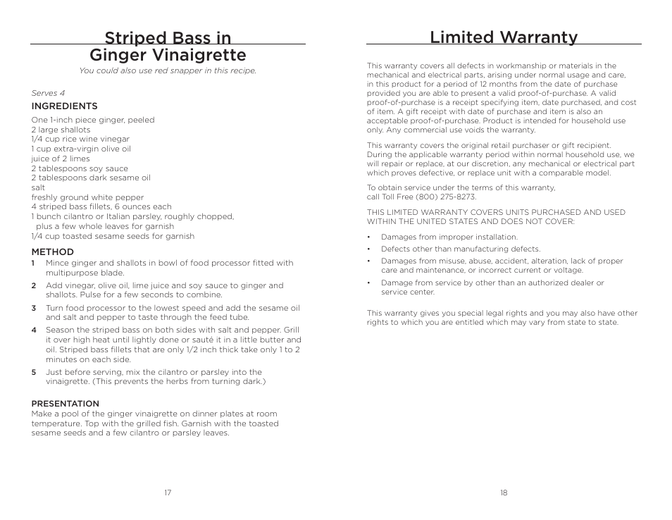 Striped bass in ginger vinaigrette, Limited warranty | Wolfgang Puck BFPR0011 User Manual | Page 10 / 10