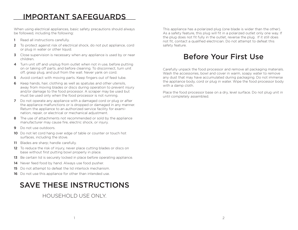 Important safeguards, Save these instructions, Before your first use | Household use only | Wolfgang Puck BFPR0011 User Manual | Page 2 / 10