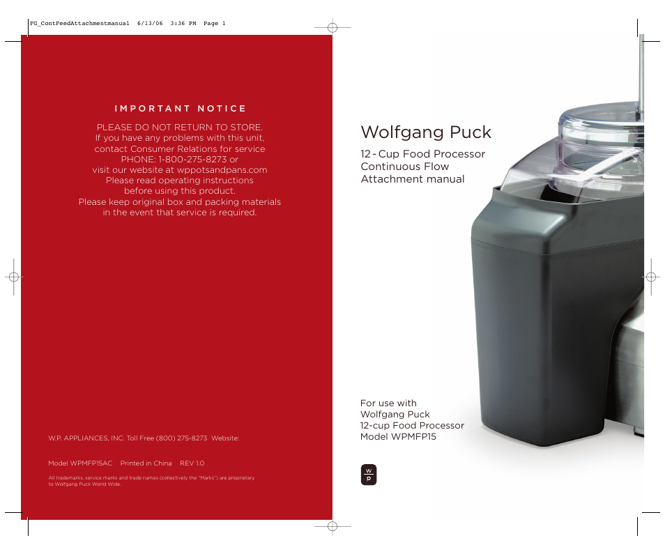 Wolfgang Puck WPMFP15AC User Manual | 4 pages