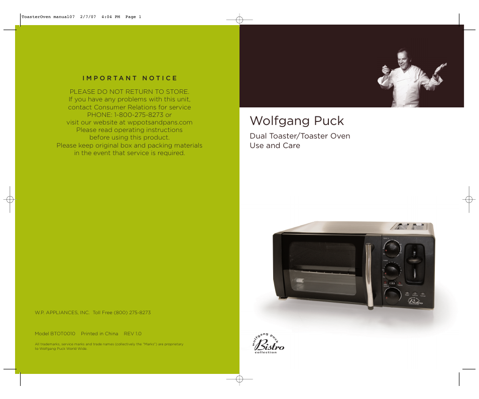 Wolfgang Puck DUAL BTOT0010 User Manual | 12 pages