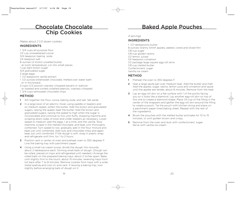 Chocolate chocolate chip cookies, Baked apple pouches | Wolfgang Puck DUAL BTOT0010 User Manual | Page 11 / 12